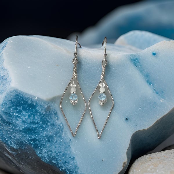 Earrings - Silver, Diamond Cut Wire, Precocia Crystal - Dangle