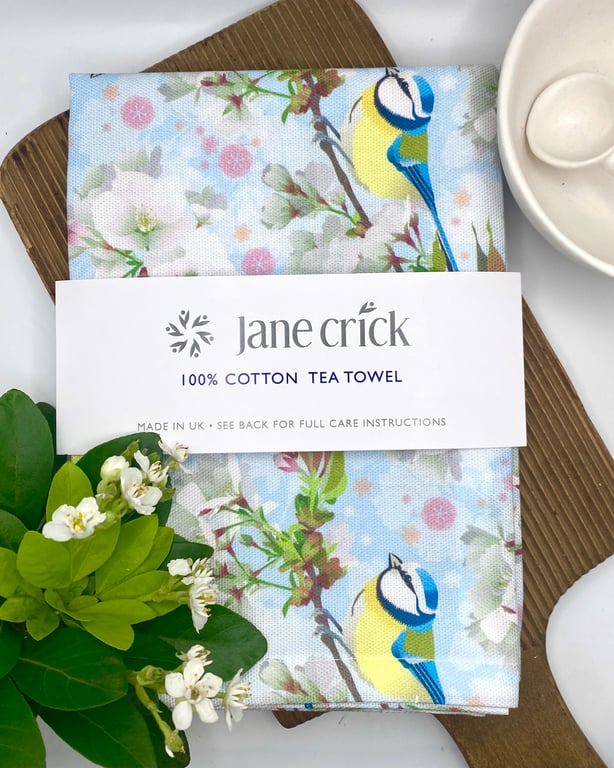 Bluetit and Cherry Blossom Cotton Tea Towel
