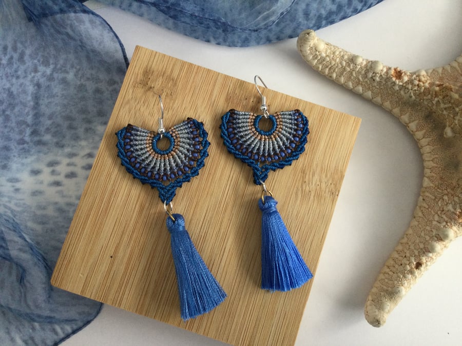 Dangle handmade micro macrame beaded fan shape earrings, teenager xmas gift