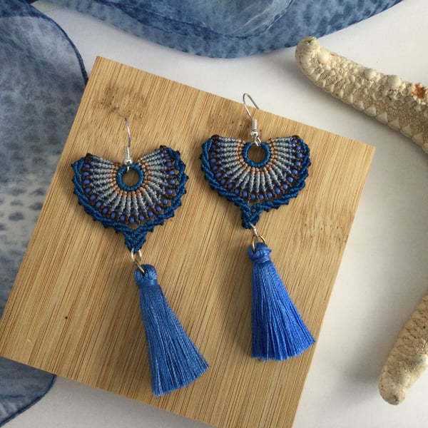 Dangle handmade micro macrame beaded fan shape earrings, teenager xmas gift