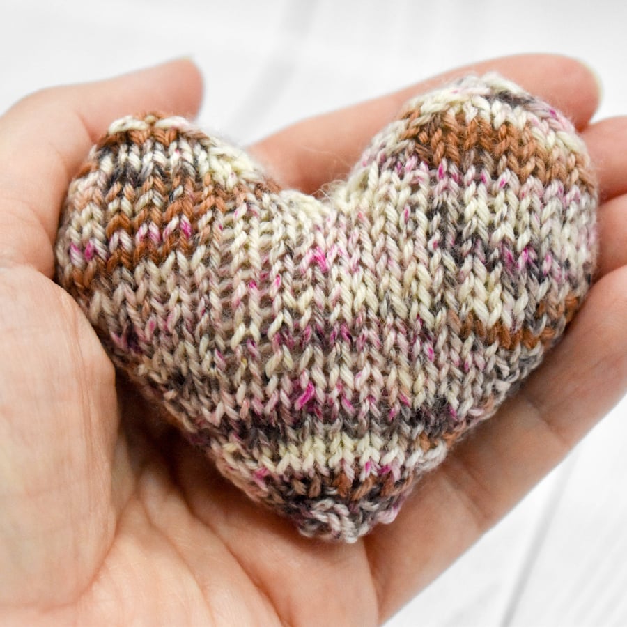 Hand knitted heart - pocket hug - Pink Cream Brown