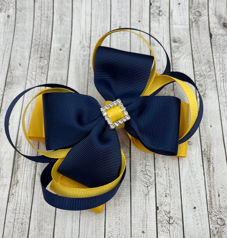 Large 5 inch Navy and Yellow Gold Double Layer Bow with Double Loops