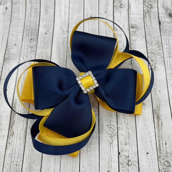 Large 5 inch Navy and Yellow Gold Double Layer Bow with Double Loops