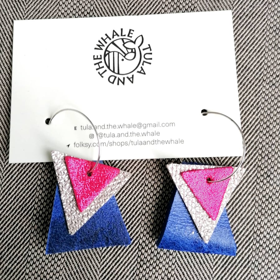 Geometric Hoop Earrings - Pink & Royal Blue (Sterling Silver)