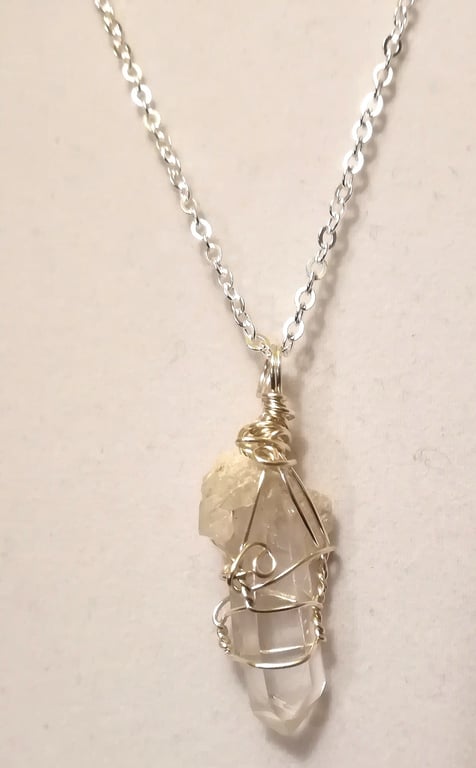 Unique Quartz Crystal Wire wrapped pendant -main crystal with smaller ones on it