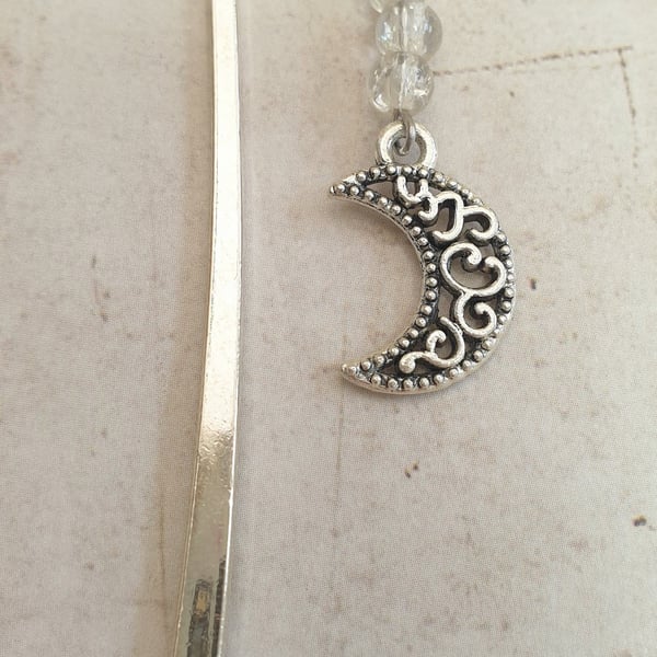 Silver-plated bookmark with Crescent Moon Charm and Three Clear Beads