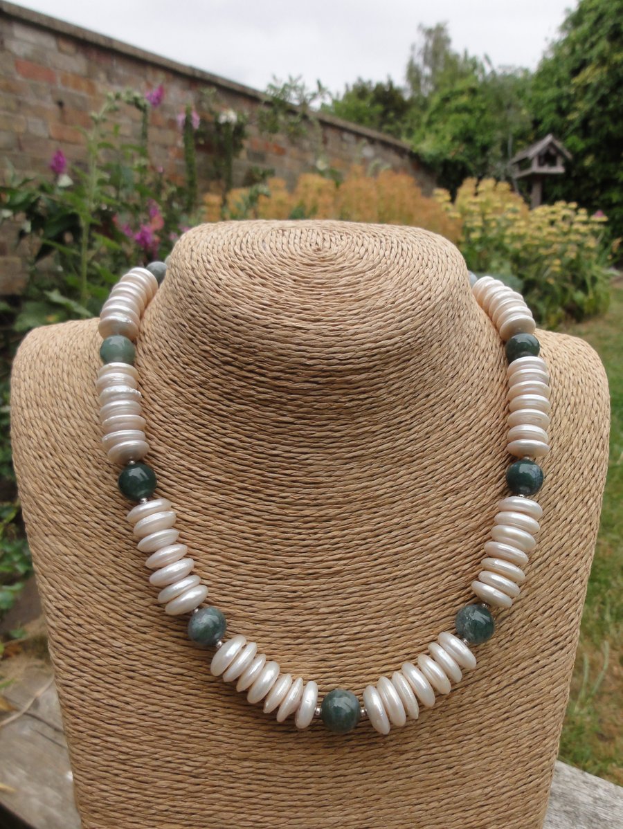 Freshwater Pearl, Indian agate, moss agate & sterling silver necklace