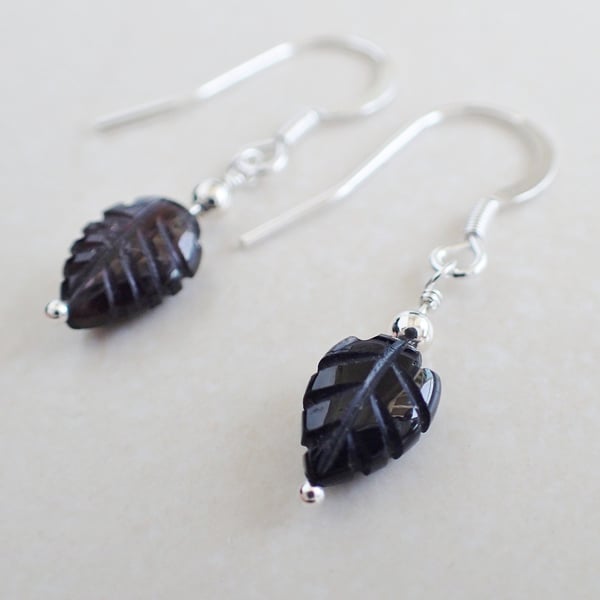 Black tourmaline carved leaf earrings, sterling silver gemstone drop earrings
