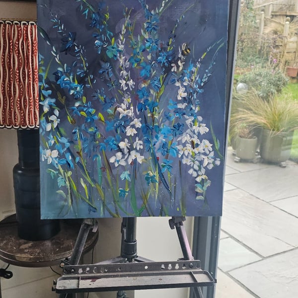 Blue Wildflower Painting Abstract Floral Canvas Botanical Wall Art