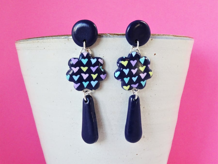 Long statement navy blue earrings, Pastel hearts pattern earrings