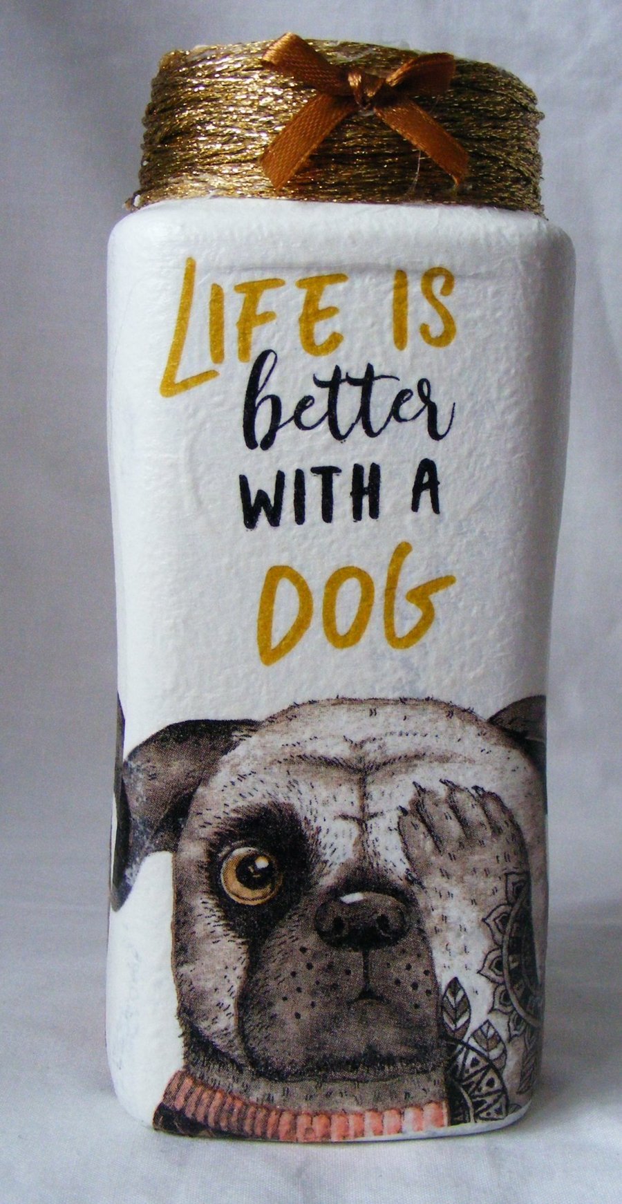 Decoupage recycled glass dog vase.