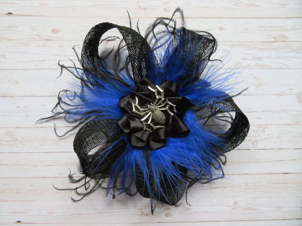 Black and Cobalt Royal Blue Feather Sinamay Spider Fascinator Hair Clip 