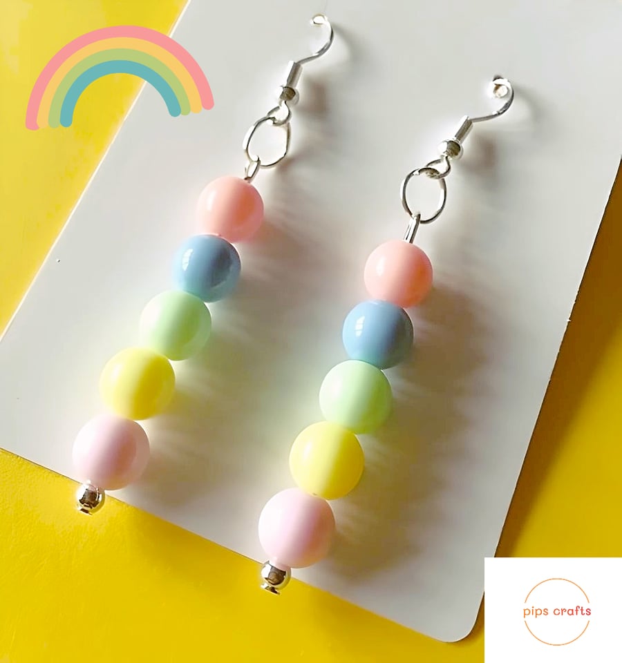 Fun Colourful Pastel Bead Dangle Earrings, Quirky Handmade Jewellery, Pride