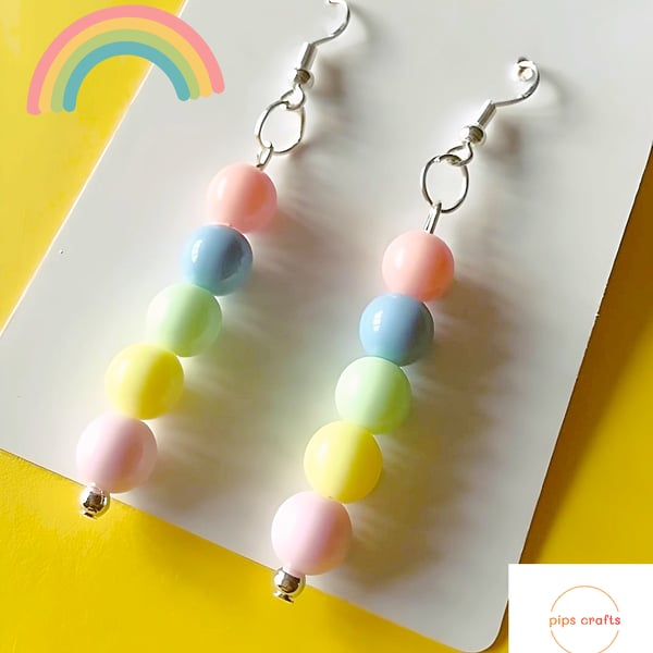 Fun Colourful Pastel Bead Dangle Earrings, Quirky Handmade Jewellery, Pride