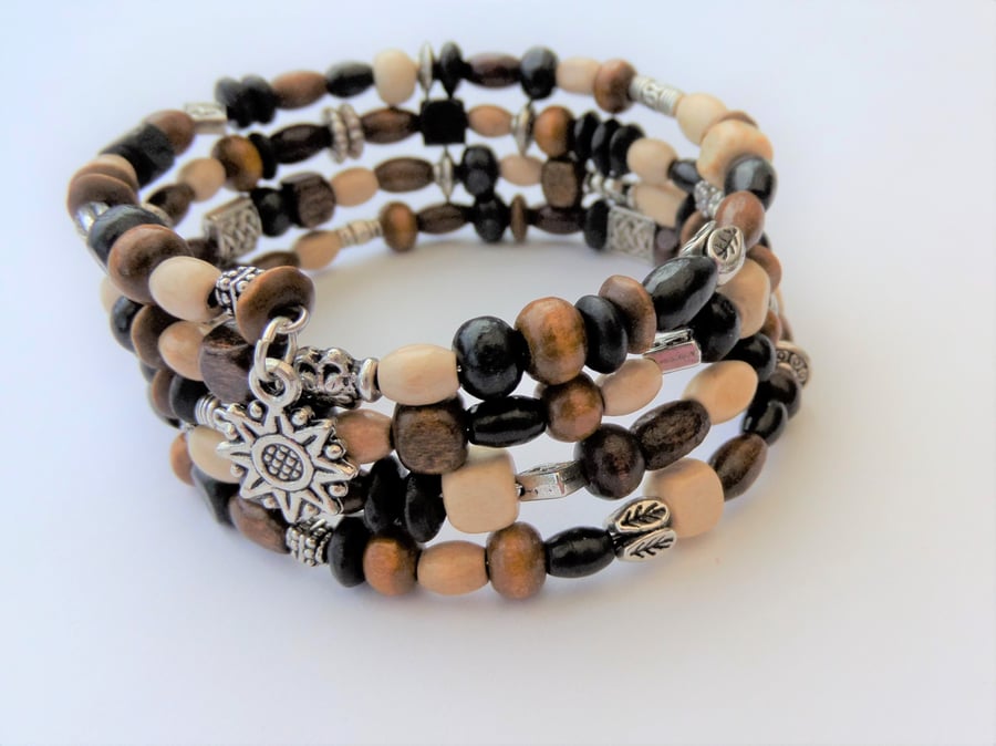 Multicoloured wood and Tibetan silver memory wire wrap bracelet