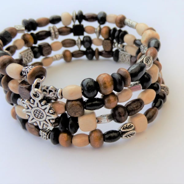 Multicoloured wood and Tibetan silver memory wire wrap bracelet
