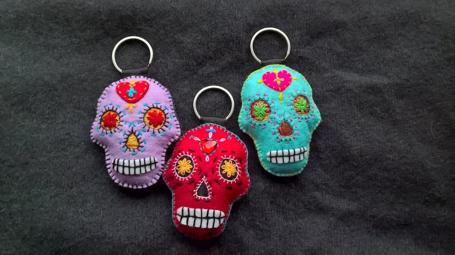 Set of Three Mexican Day of the Dead Sugar Skull Felt Stuffie Keyrings