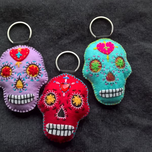 Set of Three Mexican Day of the Dead Sugar Skull Felt Stuffie Keyrings