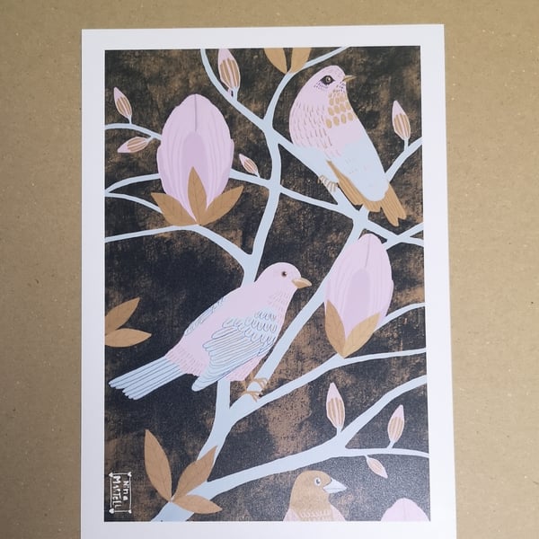 Magnolia Tree with Birds Print by Nina Martell.