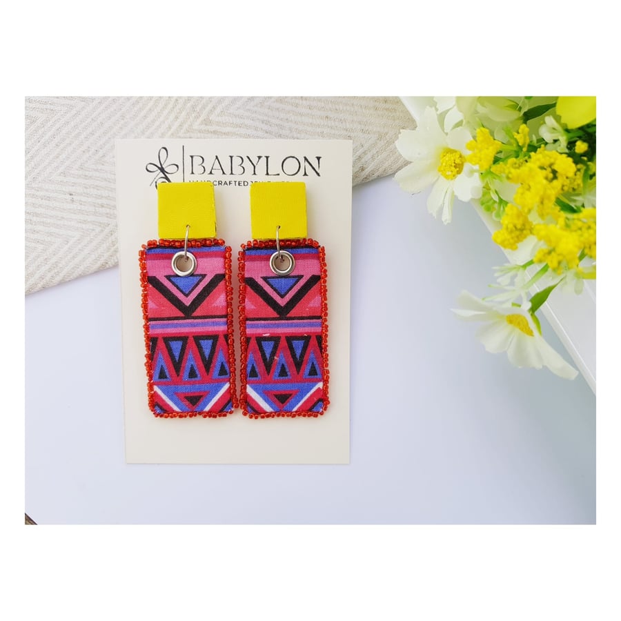 Handmade Beaded African Tribal-Style Patterned Earrings Mixed with Faux Leathe