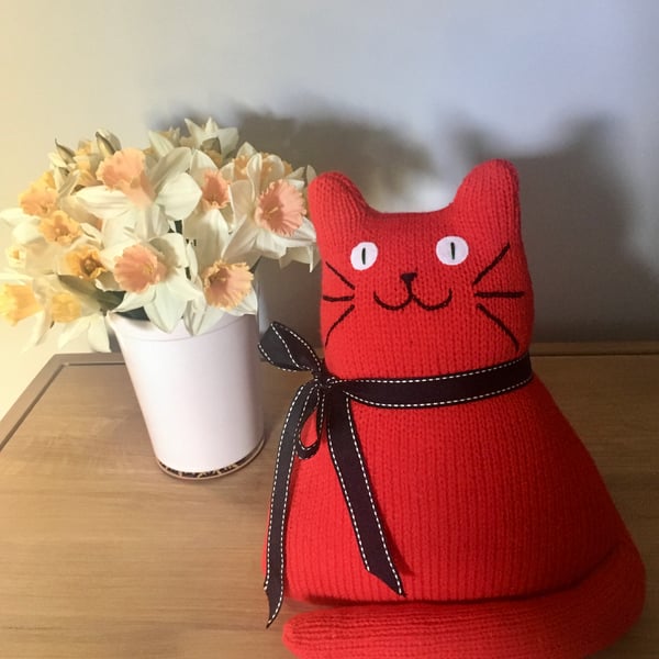 Red cat hand knitted  doll - hand knitted from acrylic yarn cat cushion 