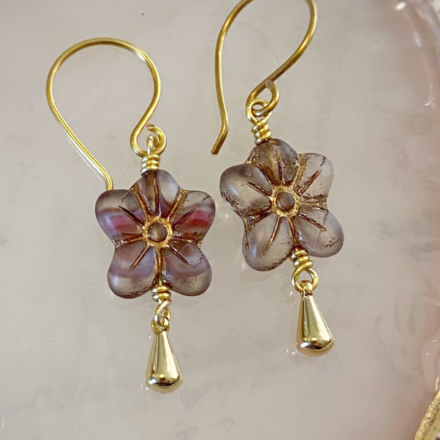 Purple flower drop earrings