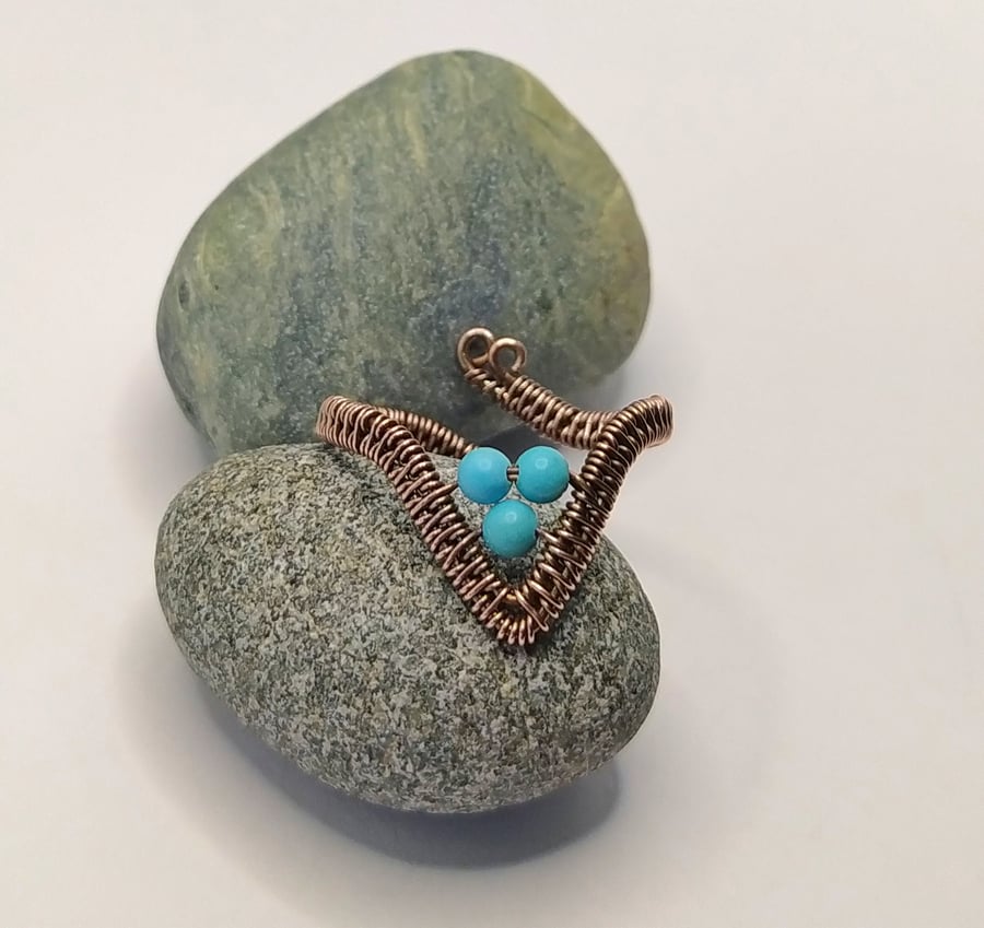 Wire Wrapped Wishbone Ring with Turquoise in Oxidised Copper