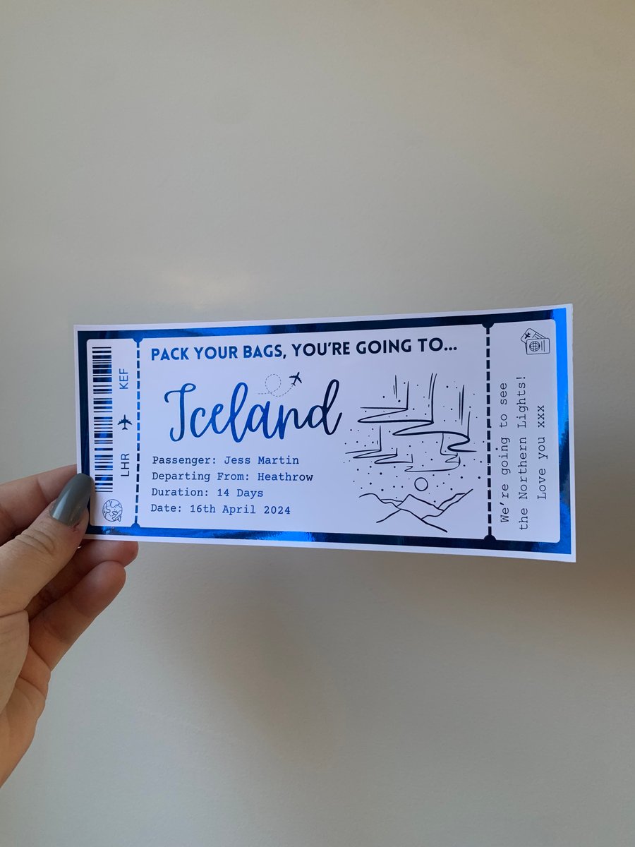 Iceland Northern Lights Boarding Pass, Personalised Holiday Gift Ticket Voucher