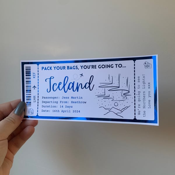Iceland Northern Lights Boarding Pass, Personalised Holiday Gift Ticket Voucher