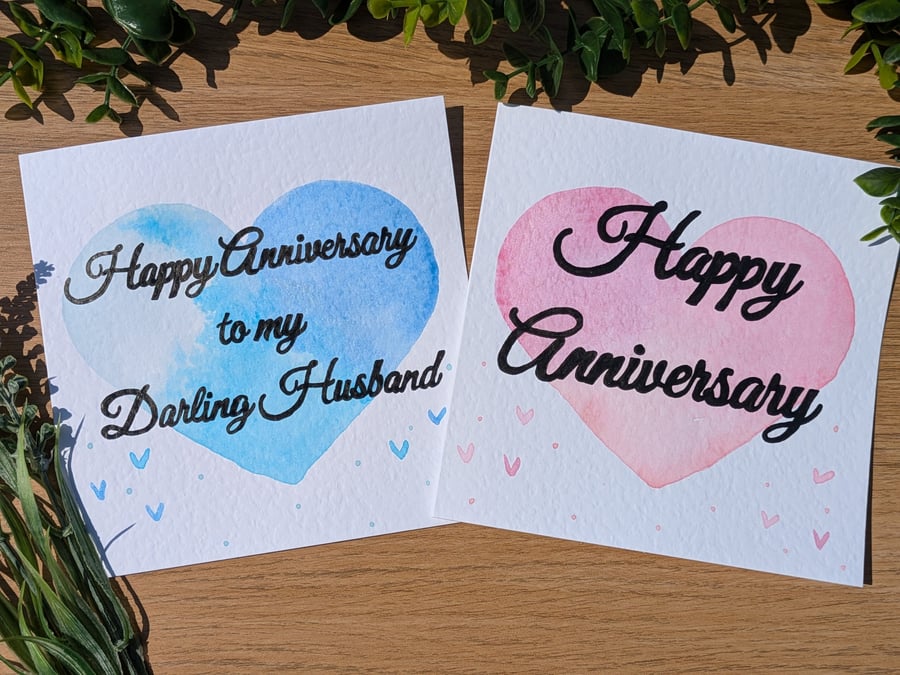 Personalised Anniversary Card. Hand painted and lettered watercolour card