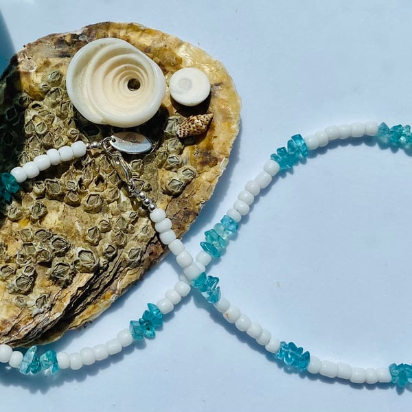 Ocean Apatite Gemstones & White Czech Glass Necklace with Sterling Silver Detail