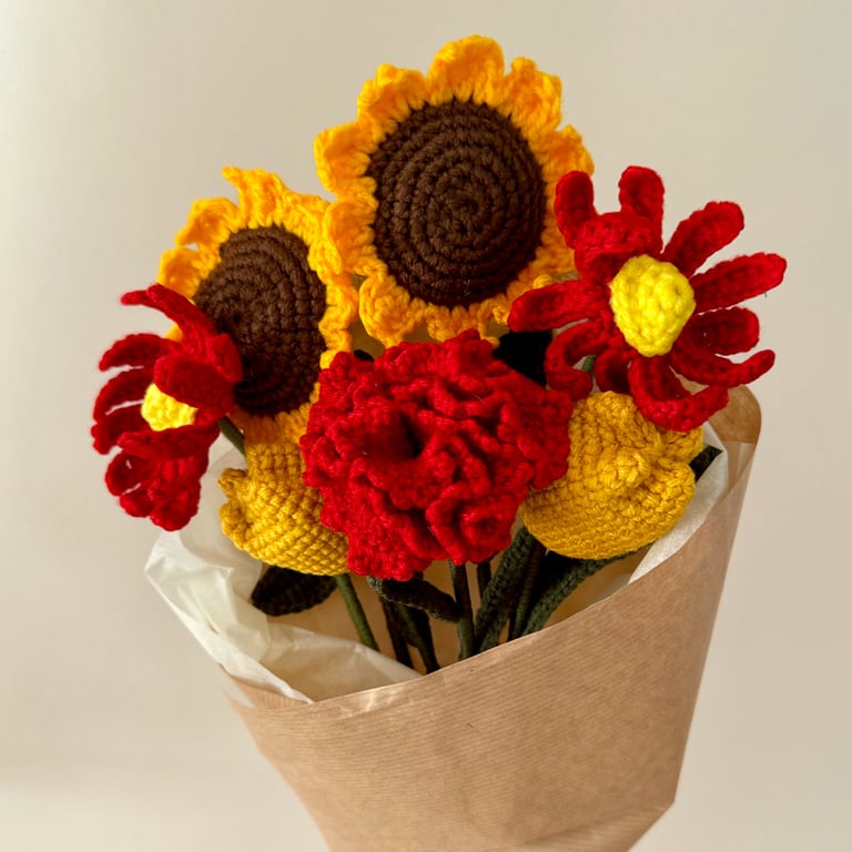 Autumn Winter crochet flower bouquet, sunflowers, daisies, tulips, carnation. 