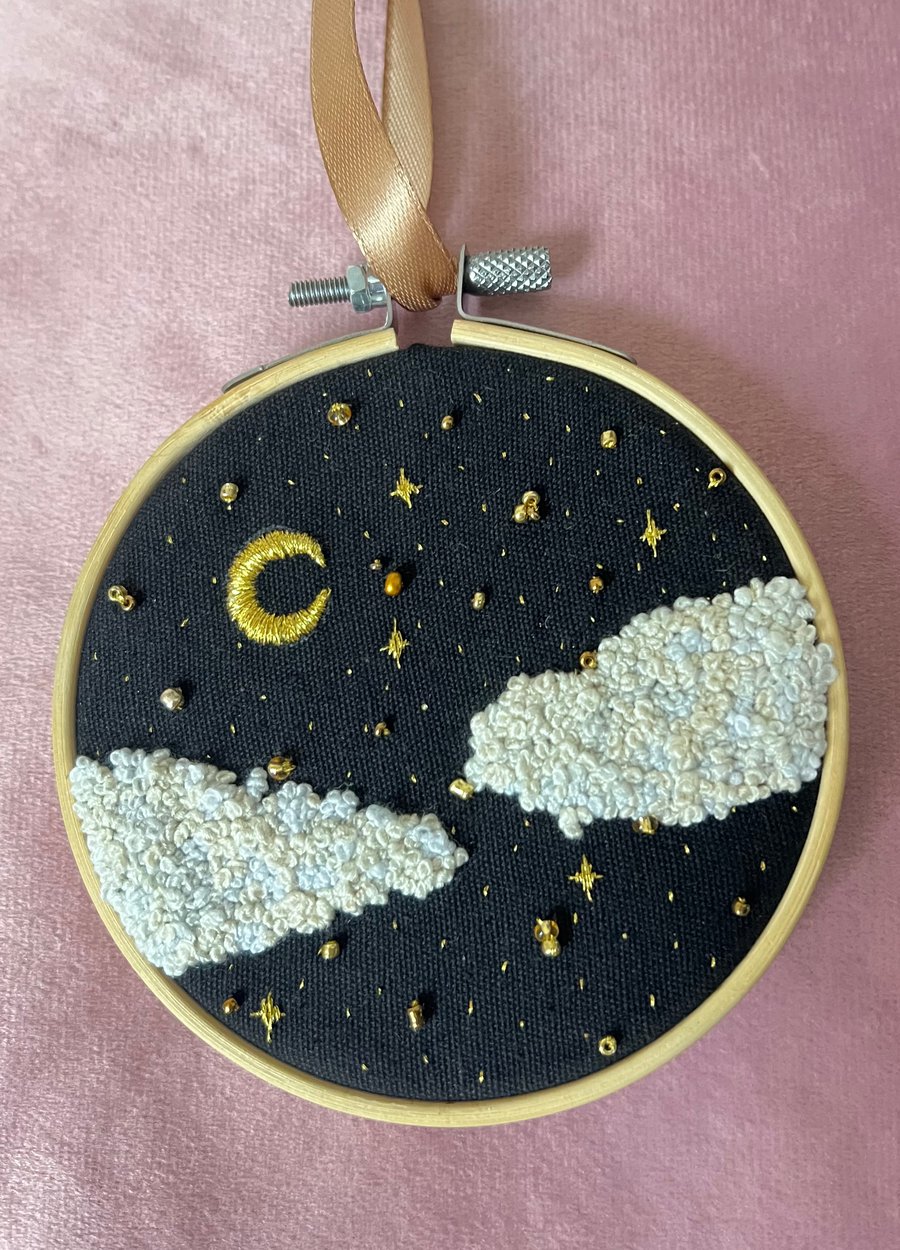 Gold moon, stars and clouds hand embroidered ring