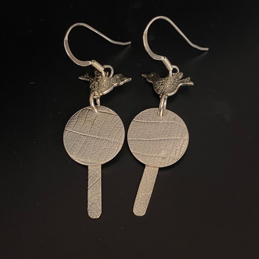 Bird & Tree Earrings Sterling long earring Handmade in Yorkshire slight seconds 