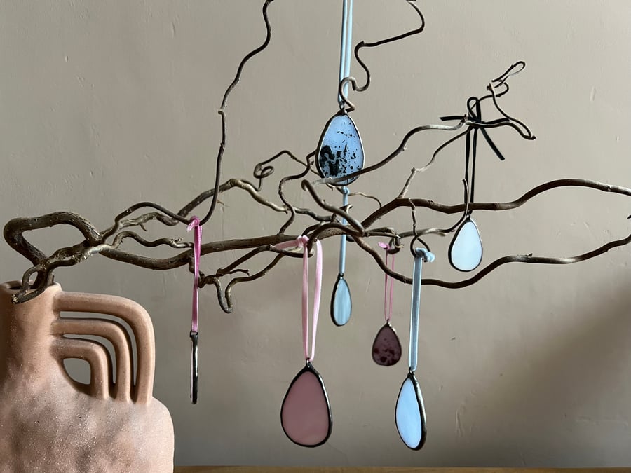 Set of 3 stained Glass birds eggs - spring Easter gift in greys and blue