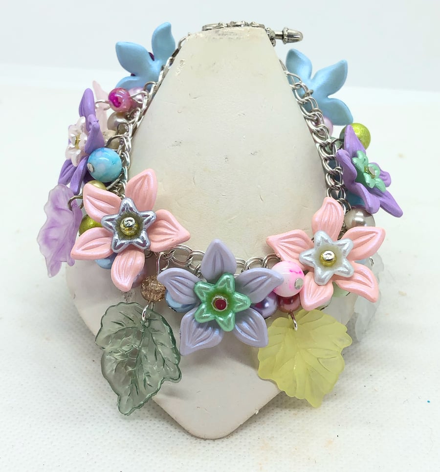 SALE OOAK  Lucite Pastel Flower & leaf bracelet