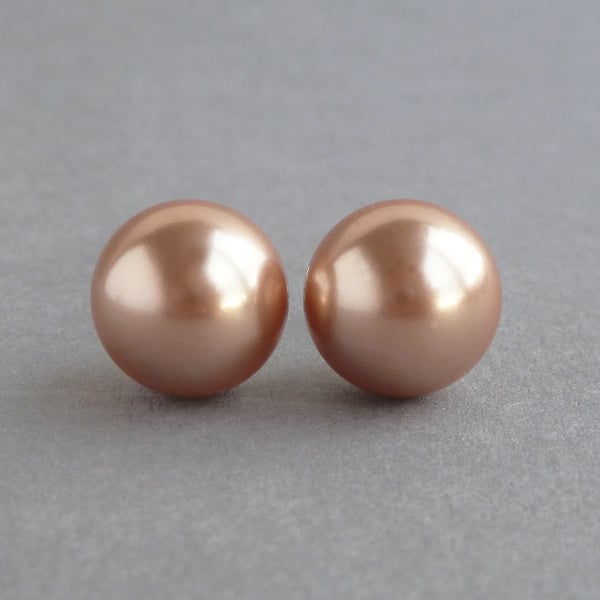 12mm Rose Gold Pearl Stud Earrings - Chunky Round Copper Pearl Studs - Jewellery