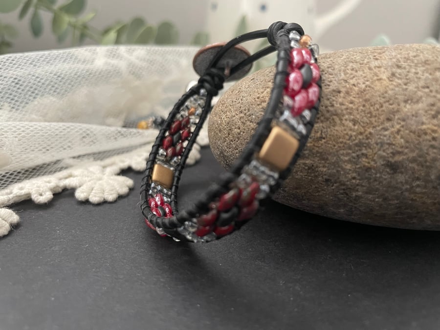 Beautiful Boho leather beaded adjustable wrap bracelet , free spirited girl 