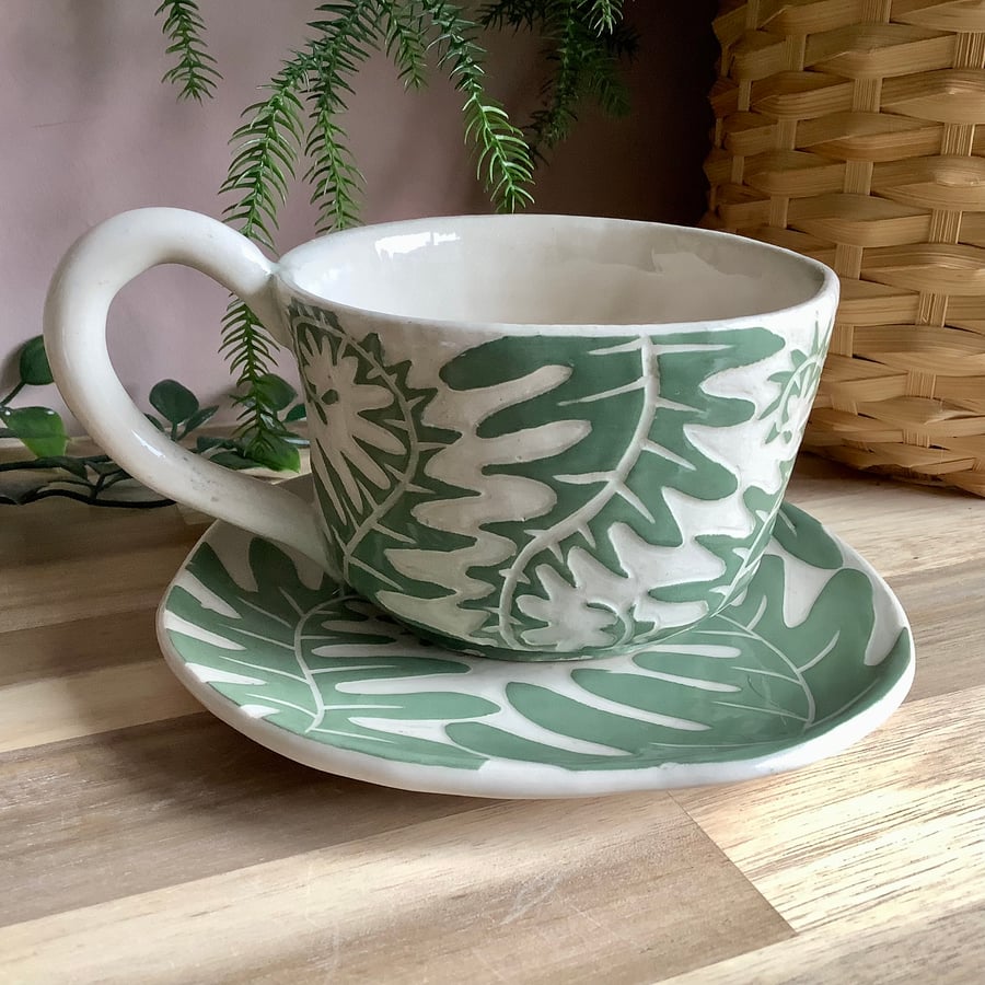 Handmade stoneware Fern leaf tea cup and saucer set green