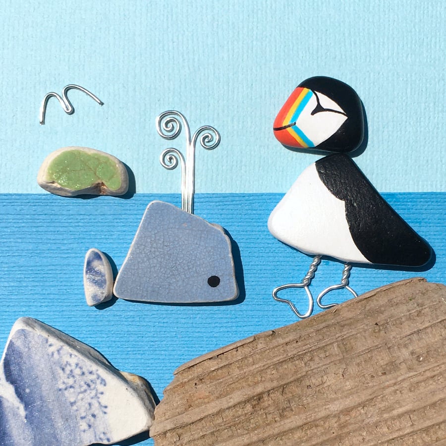 Puffin & Whale Pebble Wall Art Original Framed Picture. Beach Pottery, Driftwood