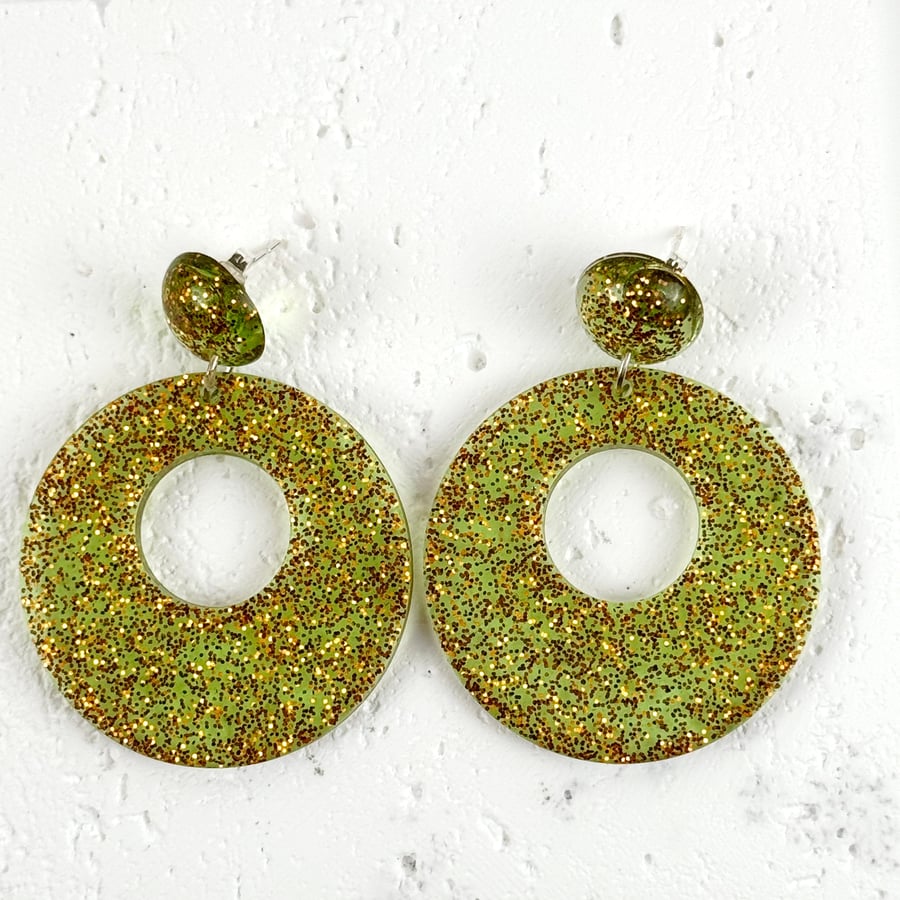 Stunning Sparkly Gold & Green Hoop Statement Earrings - Gift Box Included