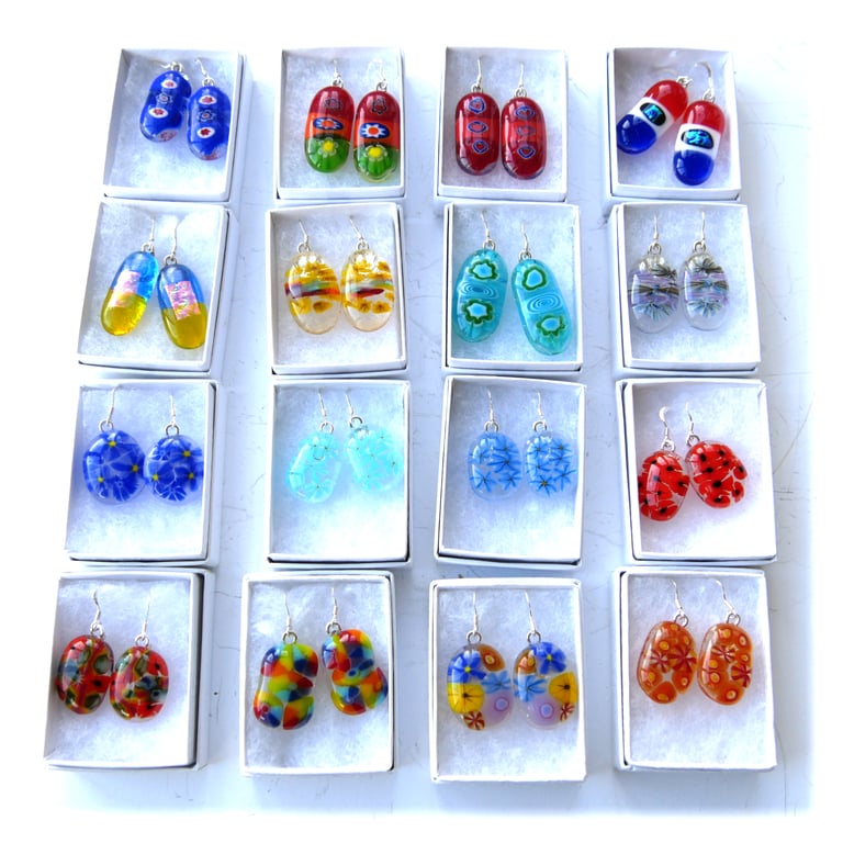 Earrings Fused Glass Millefioiri Handmade Flowers Dangle Colour Choice