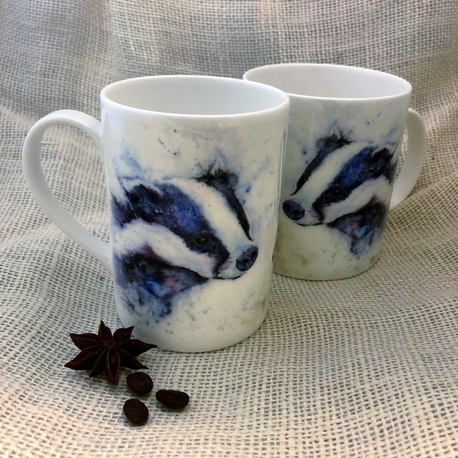 Badgering the Bees Bone China Mug, Wildlife Art Cups by Watercolour Artist Sandi