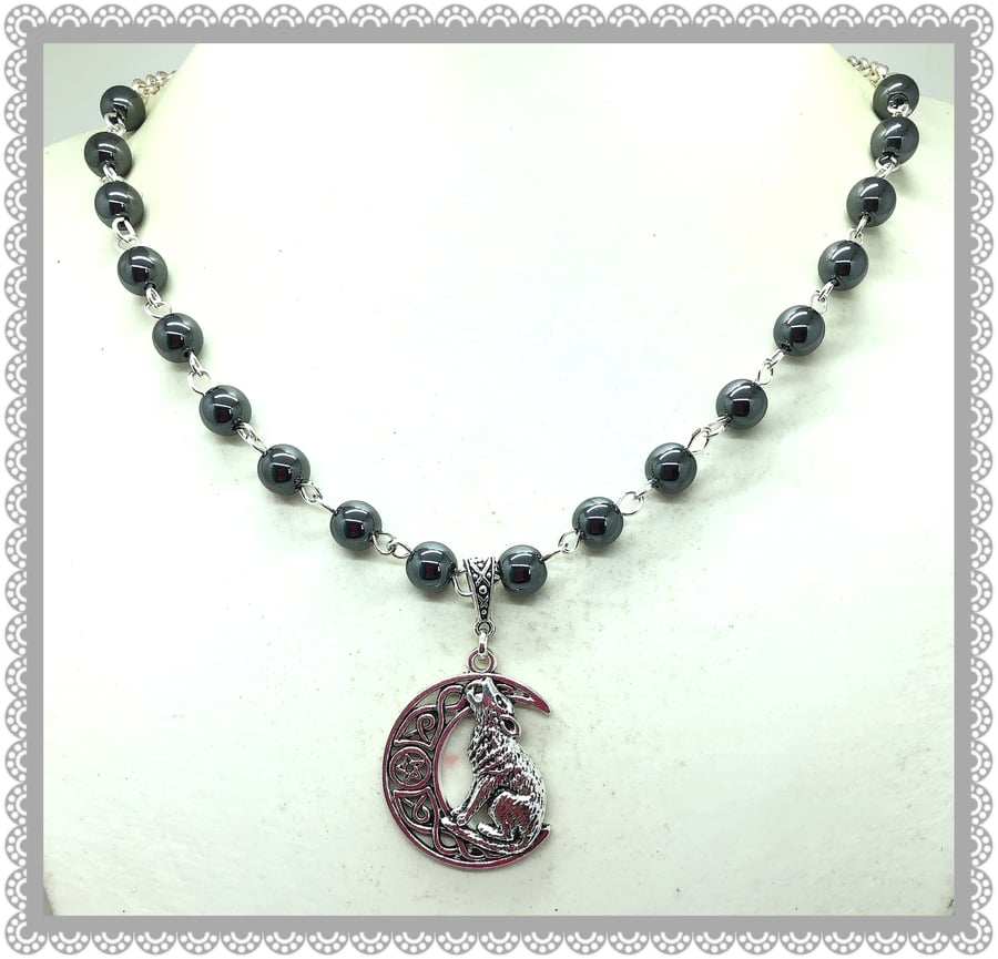 SALE OOAK Howling Wolf necklace with hematite beads