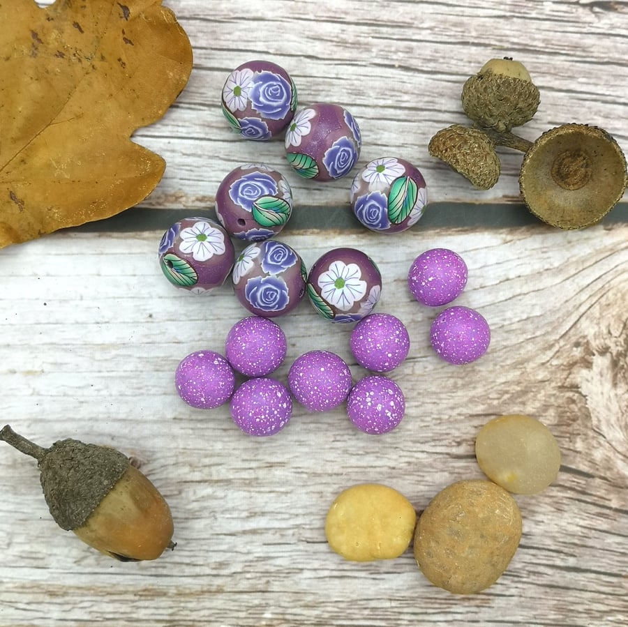 Purple Polymer Clay floral patterned beads with mottled spacer beads