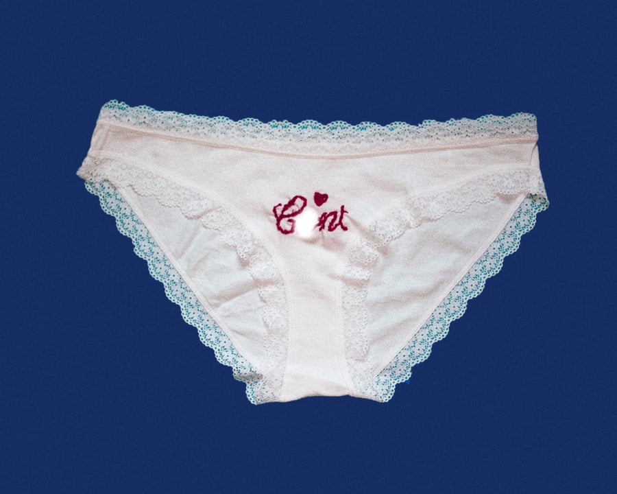 Hand Embroidered White and Red Cnt Pants Art Piece