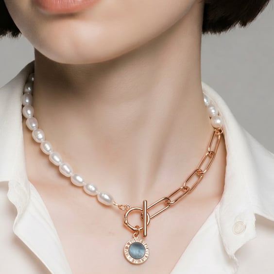 Freshwater Pearl and Abalone Shell Pendant with Gold Plated Chain