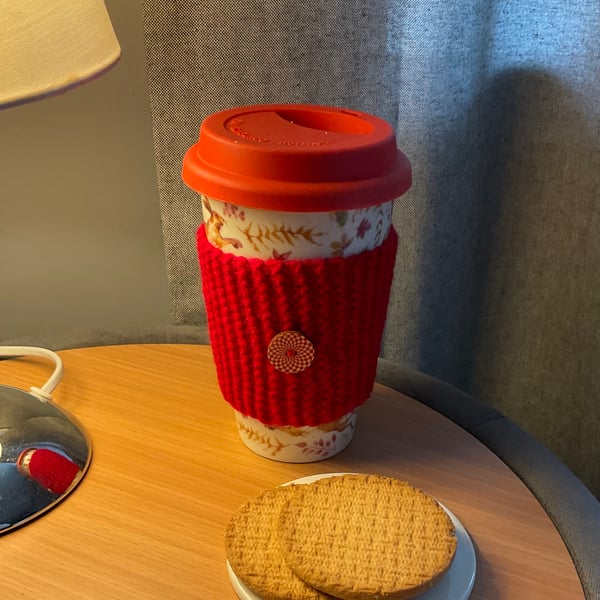 Red Knitted Cup Cosy Hot drinks Holder, Coffee Sleeve 