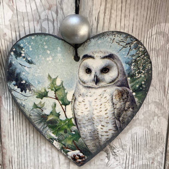 Pair Vintage Snowy Owl Hanging Heart Decorations & Snowy Owl Bauble