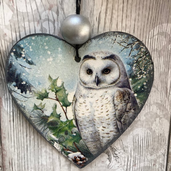 Pair Vintage Snowy Owl Hanging Heart Decorations & Snowy Owl Bauble